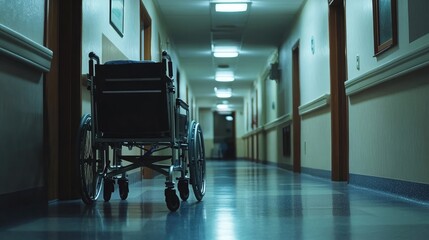 Poster - A wheelchair sits alone in a dimly lit hallway, suggesting a moment of quiet contemplation or waiting.