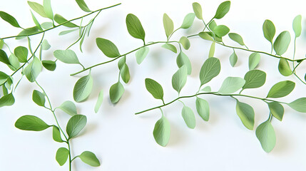 Wall Mural - delicate green branches with small leaves arranged in a row on a white background.