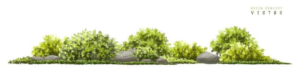 Wall Mural - vector watercolor green tree or forest side view isolated on white background for landscape and arch