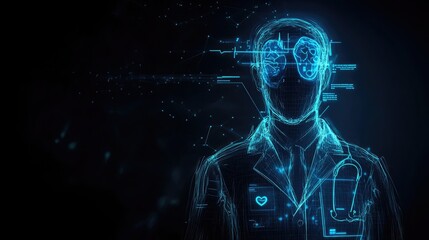 Poster - A futuristic illustration of a doctor, their head is composed of glowing blue circuitry. The doctor is represented by a wireframe figure. 