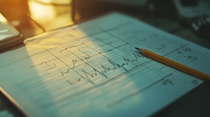 Poster - A yellow pencil rests on a sheet of paper with a graph drawn on it. The graph is filled with lines and curves.
