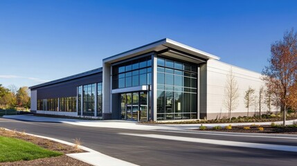 Poster - A modern commercial building with a large glass facade and a clean, minimalist design.