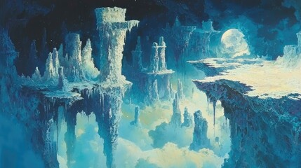 Wall Mural - fantasy landscape with floating islands and moon.