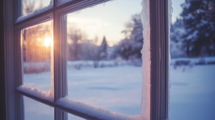 Poster - A frosty window pane with a soft golden sunset glowing through, showcasing a snowy winter scene outside.