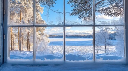 Poster - A frosted windowpane frames a picturesque winter scene with snow-covered trees and a frozen lake beyond.