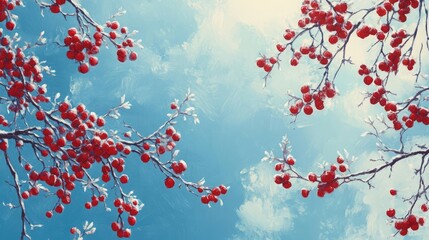 Poster - Red berries adorn the branches of a tree, reaching towards a bright blue sky.