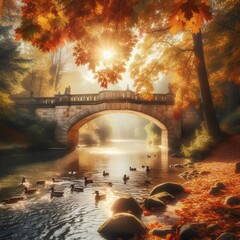 Wall Mural - Autumn old bridge and flowing river.