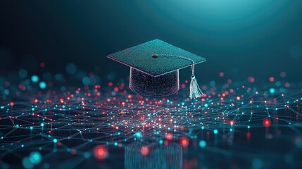Poster - A digital graduation cap hovers over a network of glowing lines and dots, symbolizing the future of education.