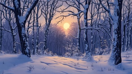 Poster - A snowy forest scene with bare trees and a bright sunset in the background.