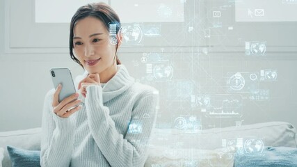 Poster - スマホ、DX、デジタル、女性、テクノロジー、AI、未来、サイバー、ネットワーク、スマートフォン、ビジネス、アプリ、SNS、クラウド、ERP、API、ASP、オンライン、インターネット、web、ライフスタイル、スマートホーム、通信、回路、回線、インターフェース、プラットフォーム、インフォマティクス、生成、プログラミング、データ、ファイル、イノベーション、カジュアル、モバイル、IoT、IT、人工知能、
