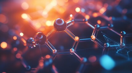 Aufkleber - A close-up of a molecular structure, with a focus on the hexagonal pattern and the glowing orbs connected by thin rods. The abstract, colorful backdrop creates a sense of scientific wonder.