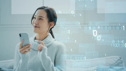 Poster - DX、デジタル、スマホ、スマートフォン、データ、未来、サイバー、IT、トランスフォーメーション、テクノロジー、女性、日本人、ユーザー、コード、バイナリコード、送信、発信、拡散、SNS、メッセージ、笑顔、データドリブン、クラウド、ERP、API、ASP、AI、プログラミング、システム、テック、技術、情報、テキスト、通信、モバイル、5G、6G、イノベーション、開発、アップデート、アップロード、配信、I
