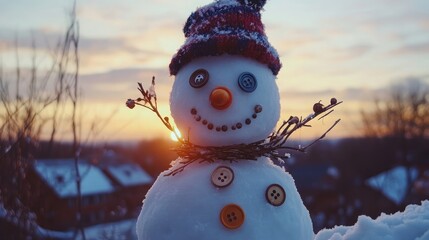 Wall Mural - A cheerful snowman with a knitted hat and button eyes smiles at the setting sun in a wintery scene.