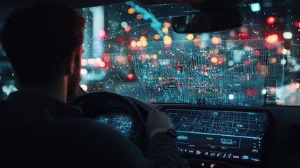 Poster - A person drives through the city at night, their windshield displaying a digital map of the area.