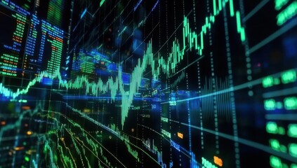 Poster - Financial Data Graph on Dark Background with Colorful Lines