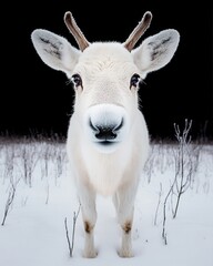 Wall Mural - A white reindeer with antlers stands in a snowy field, looking directly at the camera with blue eyes.