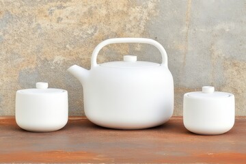 Canvas Print - A white teapot and two matching lidded jars on a rusty surface.