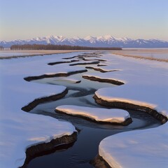 Wall Mural - A winding river cuts through a snow-covered meadow, with mountains in the distance.