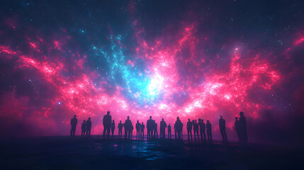 Wall Mural - Illustration - Cosmic Horizon, People Silhouetted Against Nebula