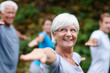 © peopleimages.com - Stretching, exercise and old woman in nature with yoga class for spiritual retreat, peace and zen. Wellness, fitness and connection with group of people in park for balance, community and pilates