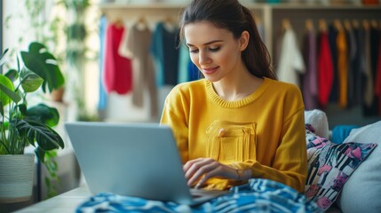 Poster - A woman is sitting on a couch and using a laptop