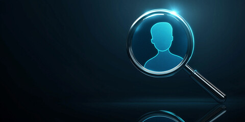 Poster - A magnifying glass with a human icon in a futuristic digital style, symbolizing search, technology, and security