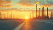 © Nano Photos - A sunset view over an industrial area, with tall chimneys emitting smoke, lines a highway pointing towards the horizon, merging industry with nature's beauty.