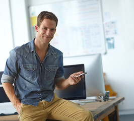 Poster - Business man, portrait and phone for communication, text message and client networking with confidence. Employee, face and mobile conversation for digital agency, contact and app development with ux