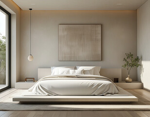 highly detailed image of a minimalist bedroom in a modern home. The room  features a simple platform bed with white linens, a neutral-toned rug, and a single large window letting in natural light