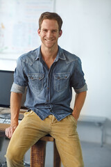 Aufkleber - Creative, office and portrait of man with smile, confidence and business opportunity at digital agency. Growth, development and happy designer with professional pride at trendy tech startup company