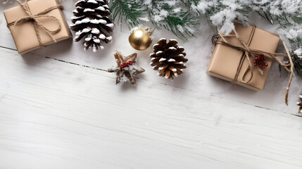 Wall Mural - rustic christmas gifts with white ribbons, pine cones, spruce and fir branches and decorations in a 