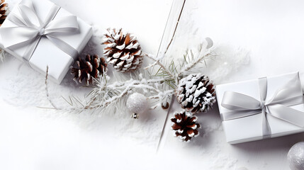 Wall Mural - christmas gifts with white ribbon, pine cones, spruce and fir branches and decorations in a row on w