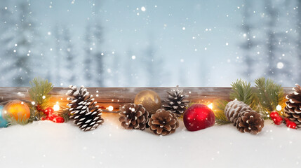 Wall Mural - colorful christmas balls and lights in a row with pine cones and branches covered with snow and snow