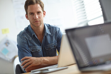 Aufkleber - Creative, laptop and confident portrait of man in office with pride, trust and online planning at digital agency. Business growth, web development and graphic designer with computer at tech startup