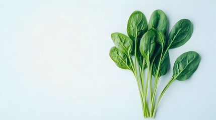 Wall Mural - Fresh spinach leaves on a light blue background with copy space.