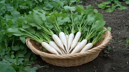 Wall Mural - Freshly harvested white radishes with green leaves in a wicker basket, sitting on the ground in a vegetable garden.