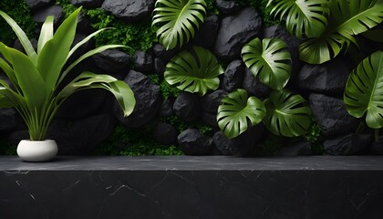 Poster - Dark Stone Countertop with Green Tropical Plant Background for Outdoor Mockup of Cosmetics or Natural Products Presentation