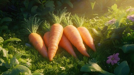 Wall Mural - Freshly picked carrots lying in a patch of green grass with sunlight streaming through the leaves.