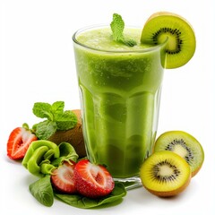 Poster - Green smoothie with spinach, kiwi and strawberry near glass on white background