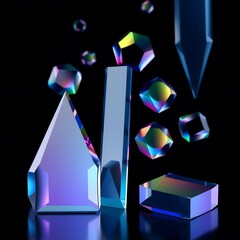 Poster - Captivating 3D Render of Colorful Glass Prisms on a Black Background Showcasing Geometric Abstraction with Metallic Sheen and Holographic Effects in Dark Blue Color Palette