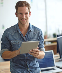 Poster - Creative, office and portrait of happy man with tablet, online schedule and business connection at agency. Search, networking and graphic designer with digital app, smile and scroll at tech startup