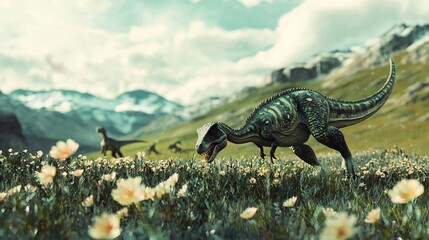 Poster - Explore the fascinating feeding habits of shantungosaurus in a lush meadow filled with prehistoric flora and fauna