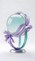 Poster - Stunning 3D Render of an Abstract Futuristic Element Featuring a Glass Sphere Surrounded by Graceful Ribbons in Soft Pastel Colors of Blue, Purple, and Green for Use in Modern Digital Design Projects