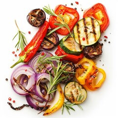 Poster - Delicious grilled vegetables and rosemary forming a food background on white