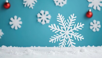 Wall Mural - Large white snowflake on snowy ground with red ornaments and smaller snowflakes on a blue background.