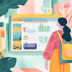 Poster - A woman looks at a computer screen with a shopping website on it, browsing items.