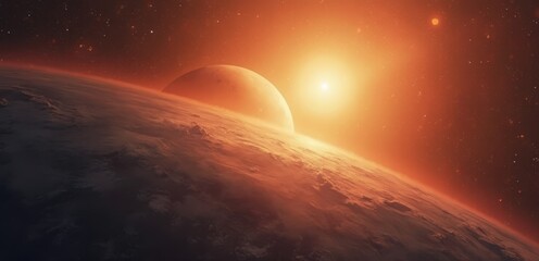 Wall Mural -  An artist's impression of a red planet with a bright sun in the background