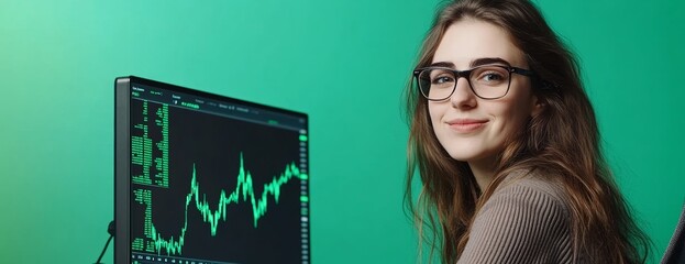 Poster - Woman is sitting in front of a computer monitor with a graph on it. She is smiling and she is enjoying her work