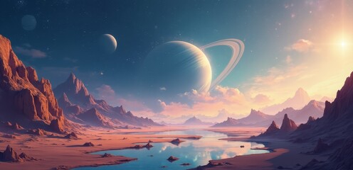 Wall Mural - A view of a desert landscape with planets and mountains
