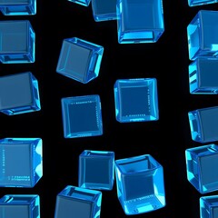 Poster - Stunning 3D Render of Blue Glass Cubes Arranged Artistically on a Black Background for Modern Design Utilization